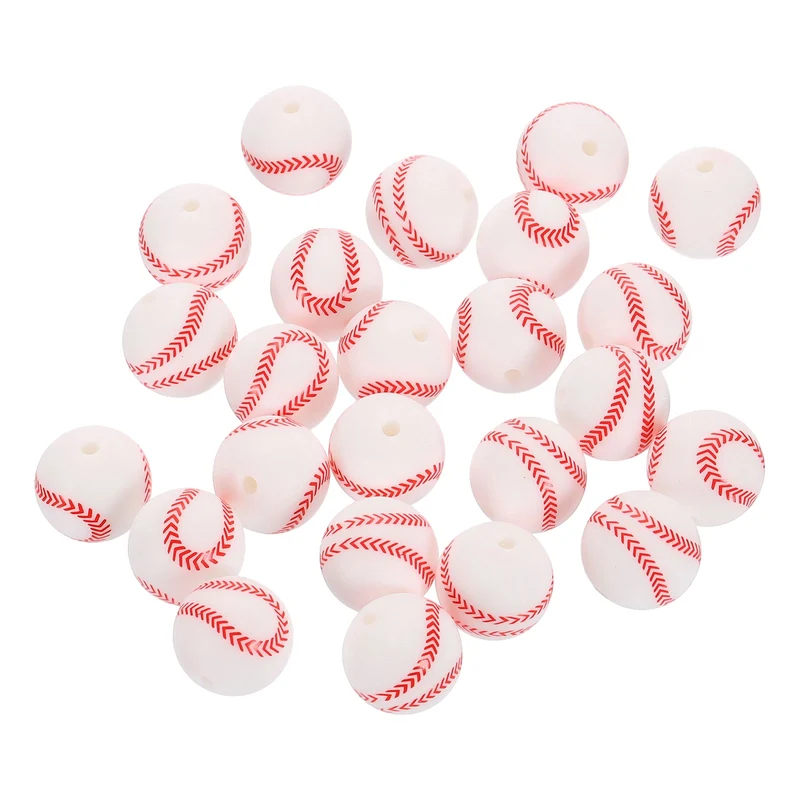30Pcs Sports Ball Beads 15mm Silicone Round Spacer Focal Bead White Baseball