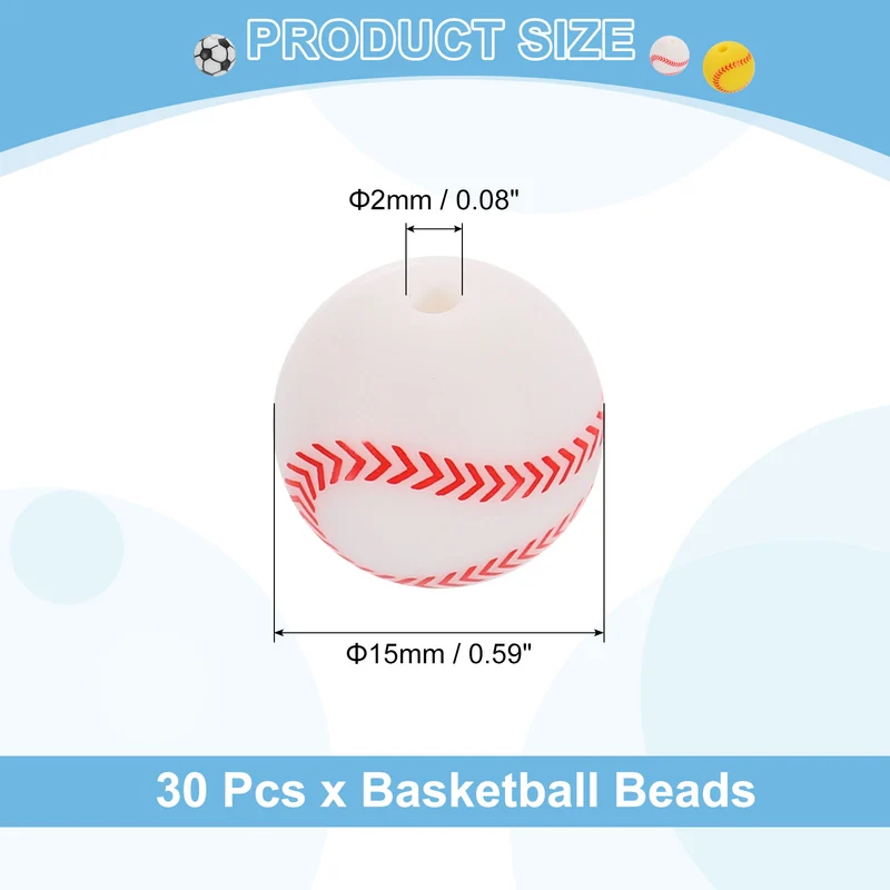30Pcs Sports Ball Beads 15mm Silicone Round Spacer Focal Bead White Baseball