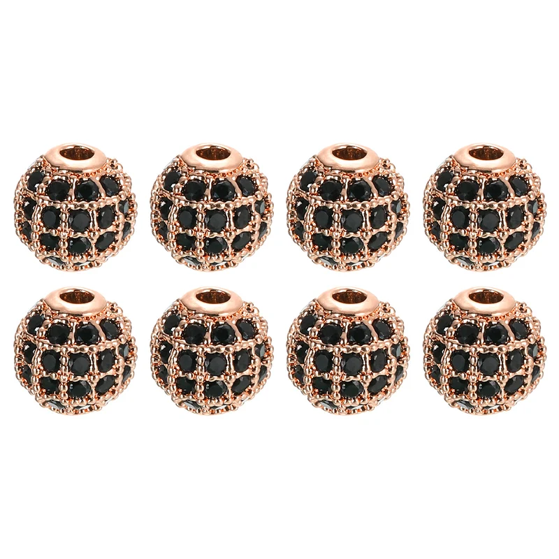 Charm Rhinestone Beads, 8Pcs - 8mm Round Zircon Pave Beads (Black - Rose Gold)