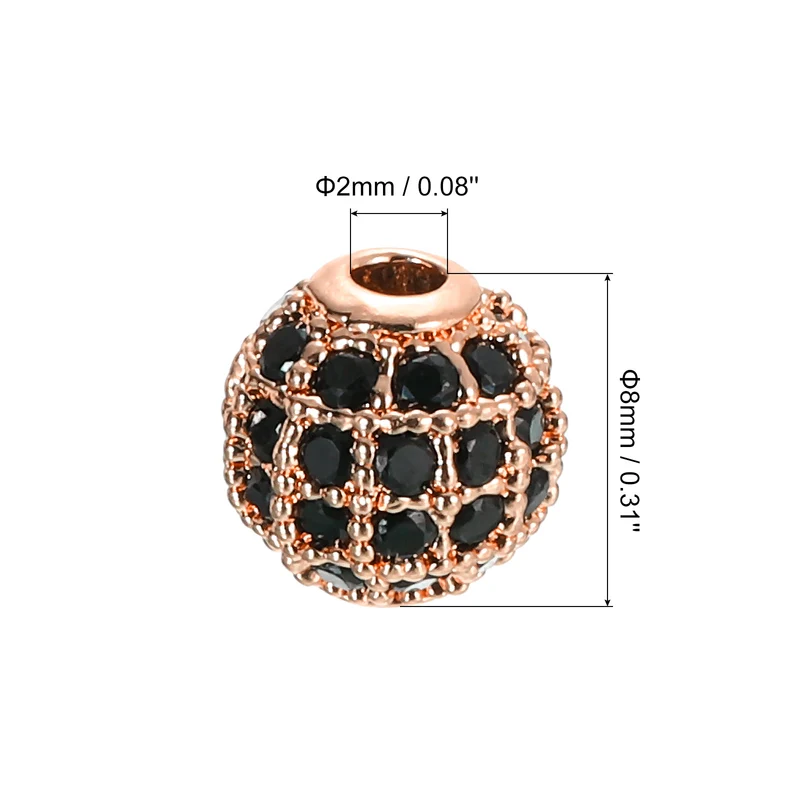 Charm Rhinestone Beads, 8Pcs - 8mm Round Zircon Pave Beads (Black - Rose Gold)