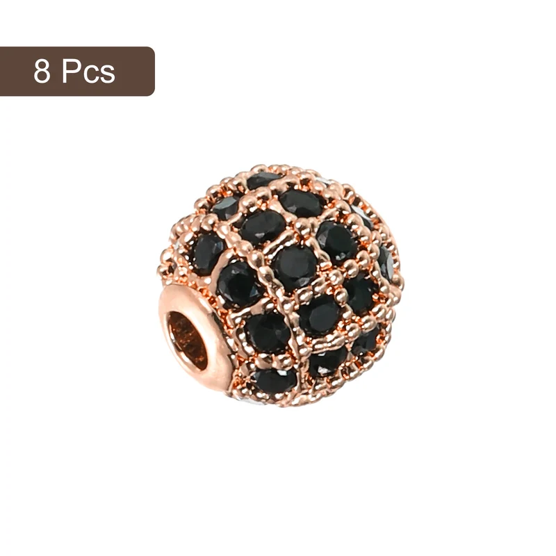 Charm Rhinestone Beads, 8Pcs - 8mm Round Zircon Pave Beads (Black - Rose Gold)