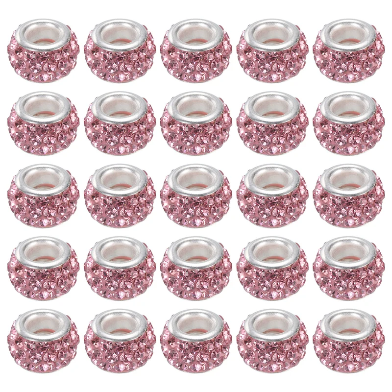 60Pcs 12mm Rhinestone European Beads Large Hole Crystal Beads Pink