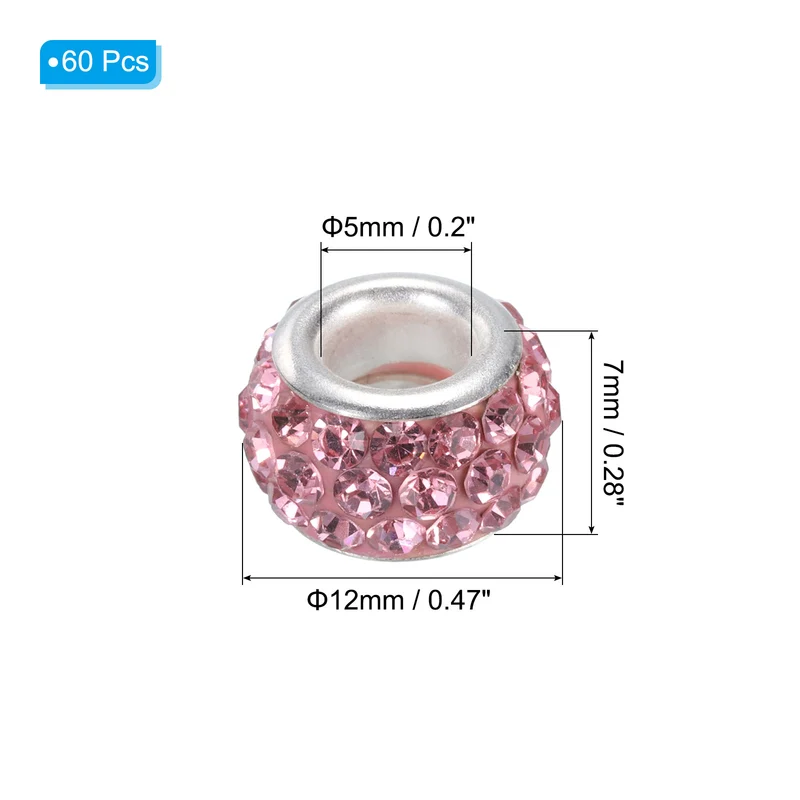 60Pcs 12mm Rhinestone European Beads Large Hole Crystal Beads Pink