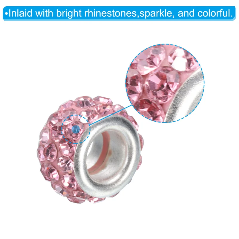 60Pcs 12mm Rhinestone European Beads Large Hole Crystal Beads Pink