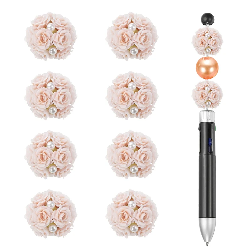10 Pcs Rhinestone Focal Beads for Pens, 0.8" Glass Flower Beads, Gray/Pink