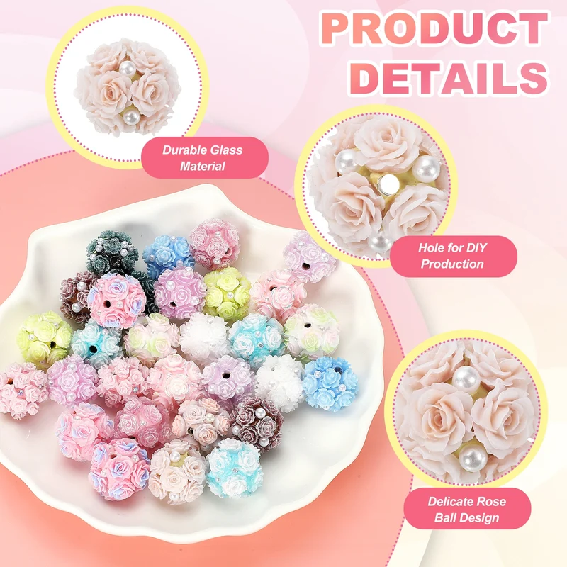 10 Pcs Rhinestone Focal Beads for Pens, 0.8" Glass Flower Beads, Gray/Pink