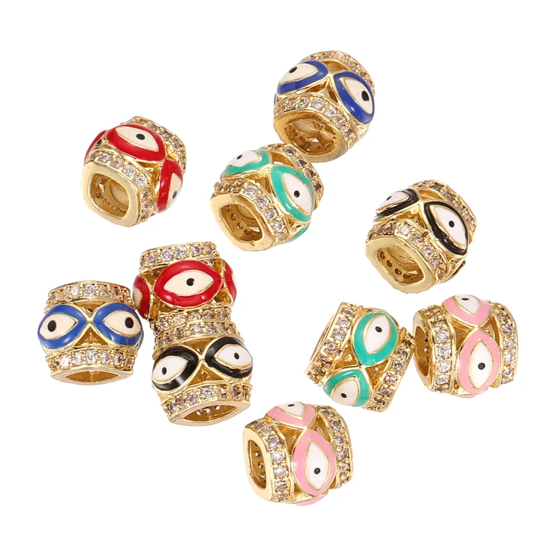 10 Pcs Micro Pave Cubic Zirconia Charm Beads Evil Eye Cylinder Beads, 5 Colors