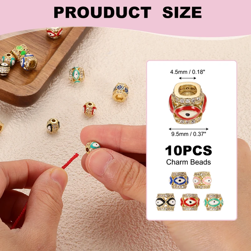 10 Pcs Micro Pave Cubic Zirconia Charm Beads Evil Eye Cylinder Beads, 5 Colors