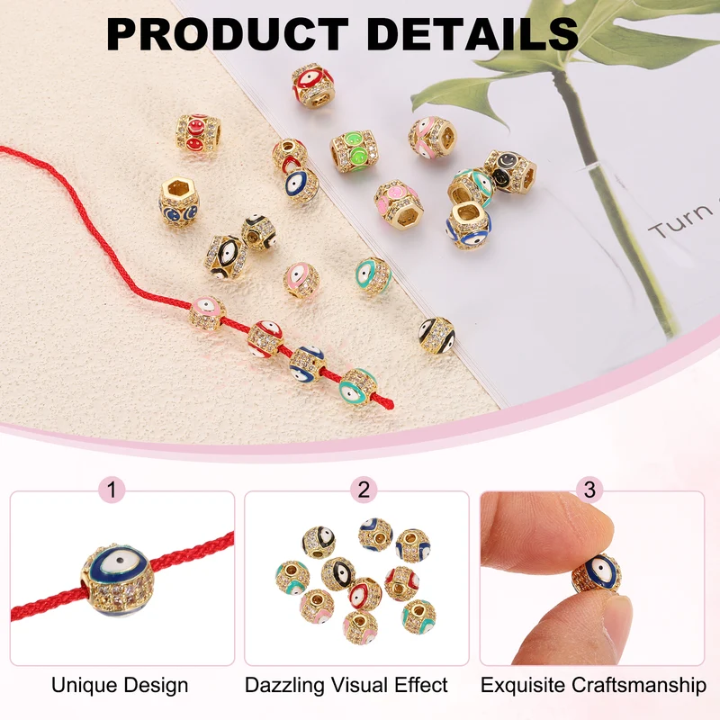 10 Pcs Micro Pave Cubic Zirconia Charm Beads Evil Eye Cylinder Beads, 5 Colors