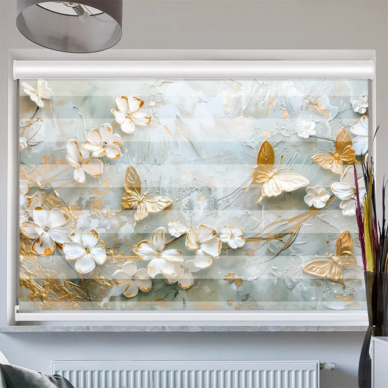 Doppelrollo mit Kassette "Blumen mit Schmetterlingen Weiss Gold"