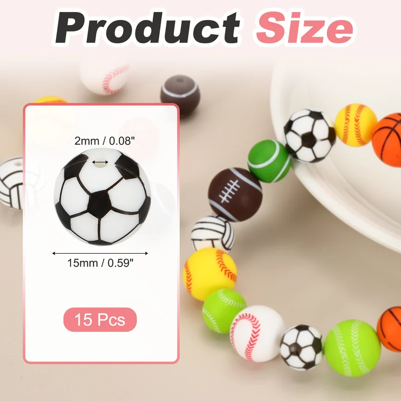 15Pcs Silicone Sports Beads 15mm Ball Shaped Beads Soccer,