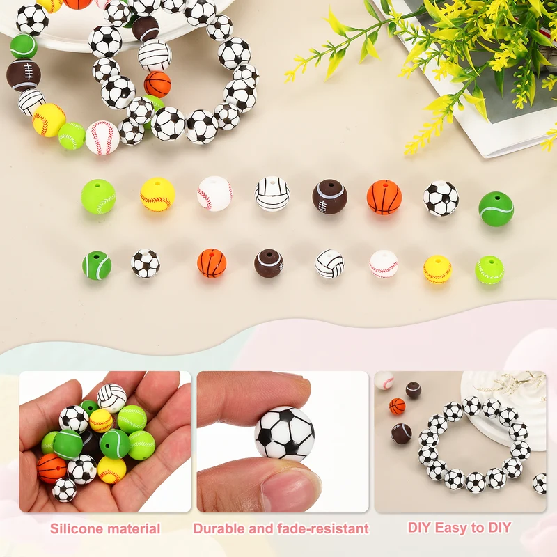 15Pcs Silicone Sports Beads 15mm Ball Shaped Beads Soccer,