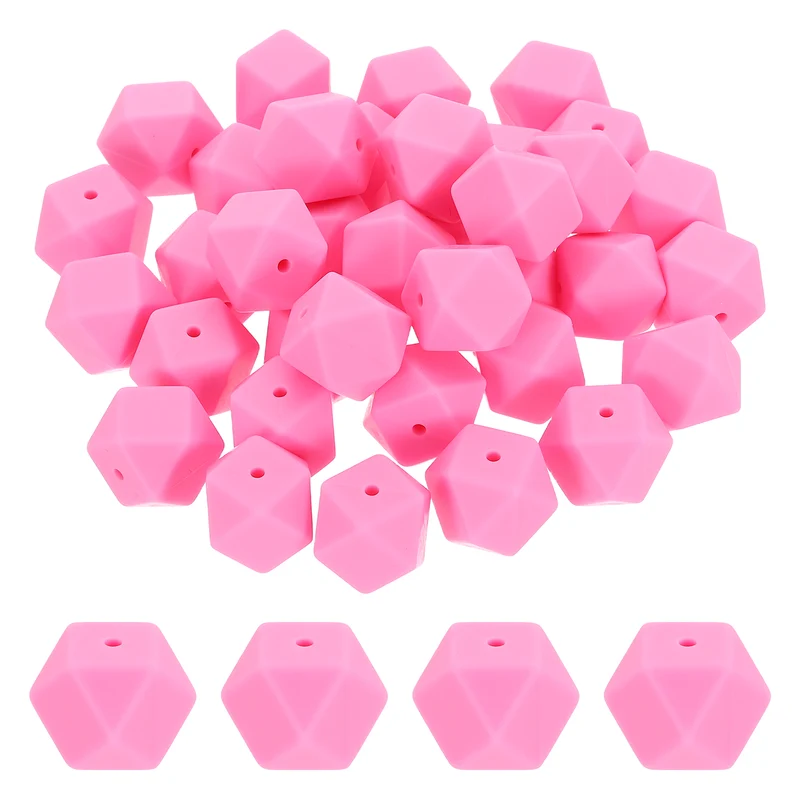 50 Pcs Silicone Beads, 17mm Loose Hexagon Rubber Focal Beads, Rose Pink