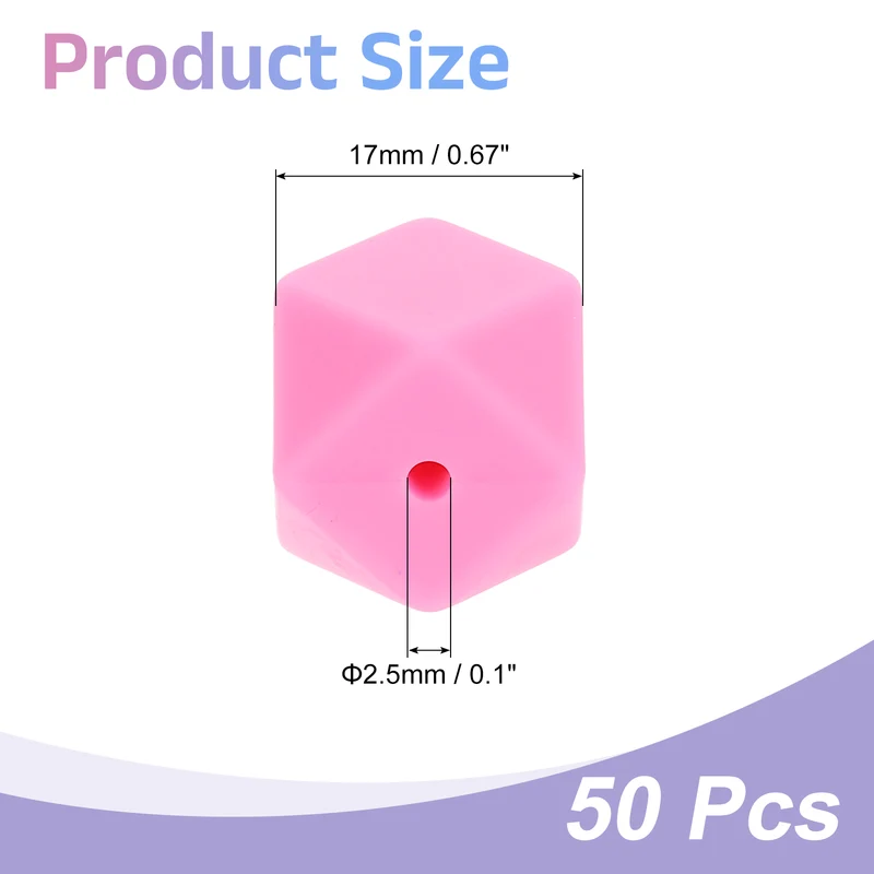 50 Pcs Silicone Beads, 17mm Loose Hexagon Rubber Focal Beads, Rose Pink