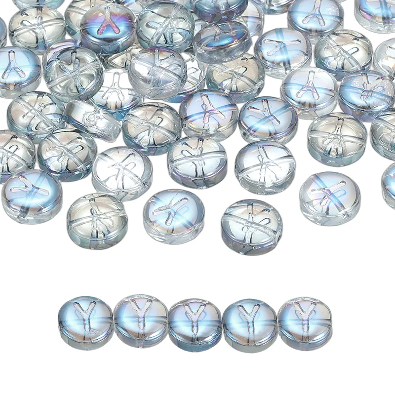 60Pcs Glass Letter Beads, 10mm Y Initial Letter Spacer Beads, Blue