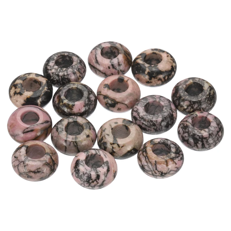15 Pcs Natural Gemstone Beads, Large Hole Rondelle Beads Loose European Crystal Beads Pack for Jewelry Bracelet DIY Craft, 14 x 8 MM, Pink Black