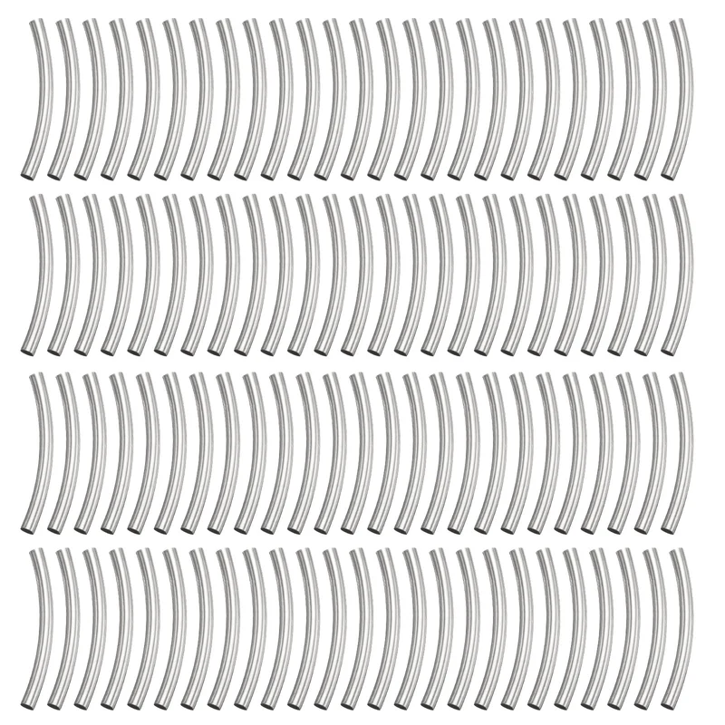 100 Pcs Tube Beads, 3x30mm Curved Noodle Beads for Jewelry Making, Silver