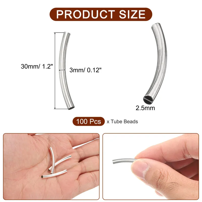 100 Pcs Tube Beads, 3x30mm Curved Noodle Beads for Jewelry Making, Silver
