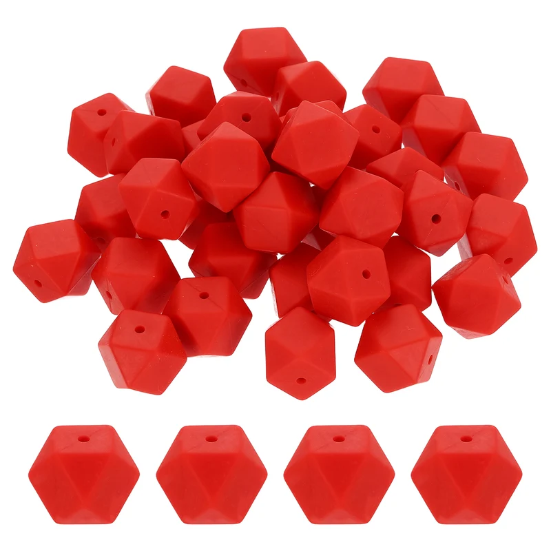 50 Pcs Silicone Beads, 17mm Loose Hexagon Rubber Focal Beads, Red