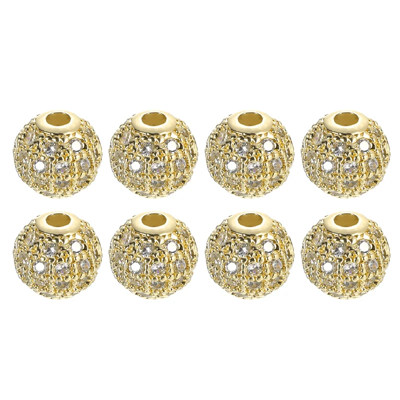 Charm Rhinestone Beads, 8Pcs - 6mm Round Zircon Pave Beads (White - Gold)