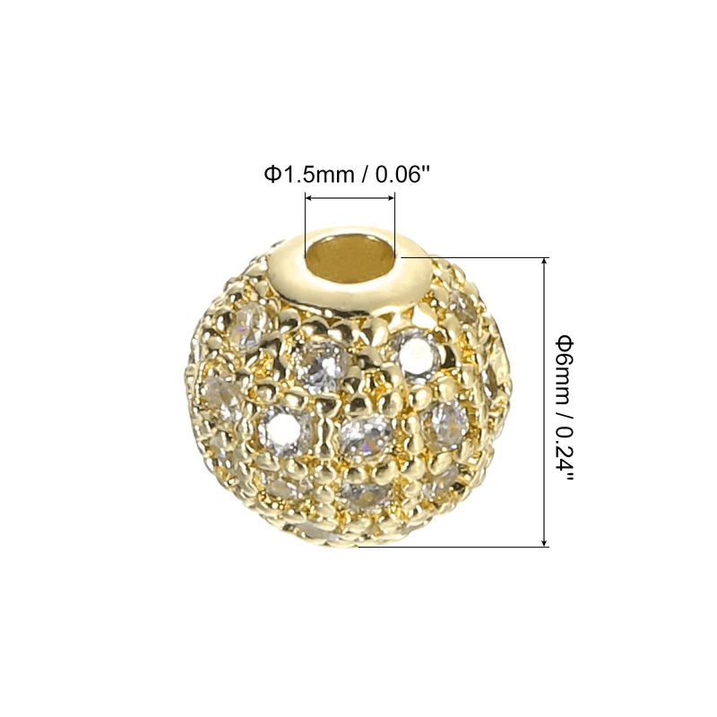 Charm Rhinestone Beads, 8Pcs - 6mm Round Zircon Pave Beads (White - Gold)