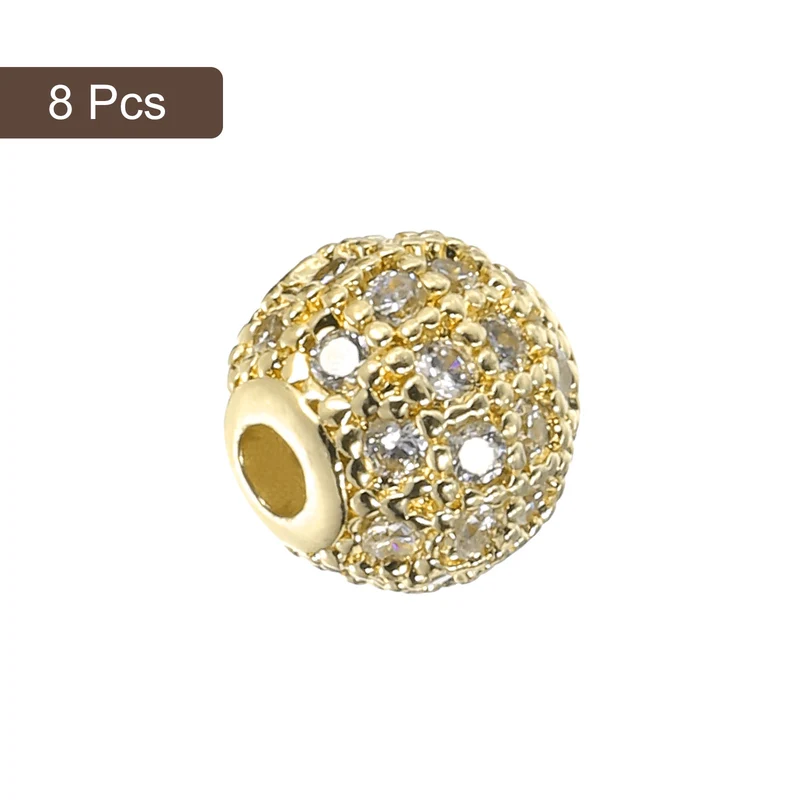 Charm Rhinestone Beads, 8Pcs - 6mm Round Zircon Pave Beads (White - Gold)