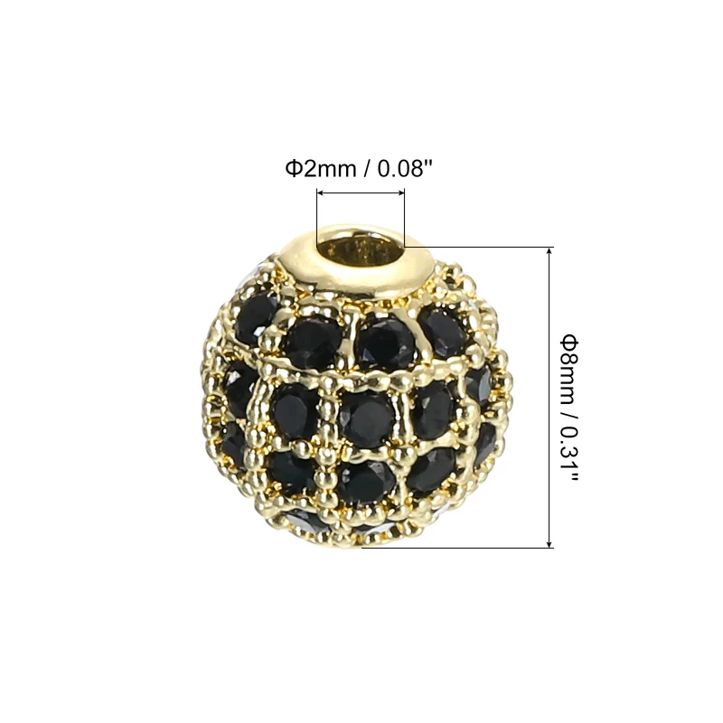 Charm Rhinestone Beads, 8Pcs - 8mm Round Zircon Pave Beads (Black - Gold)