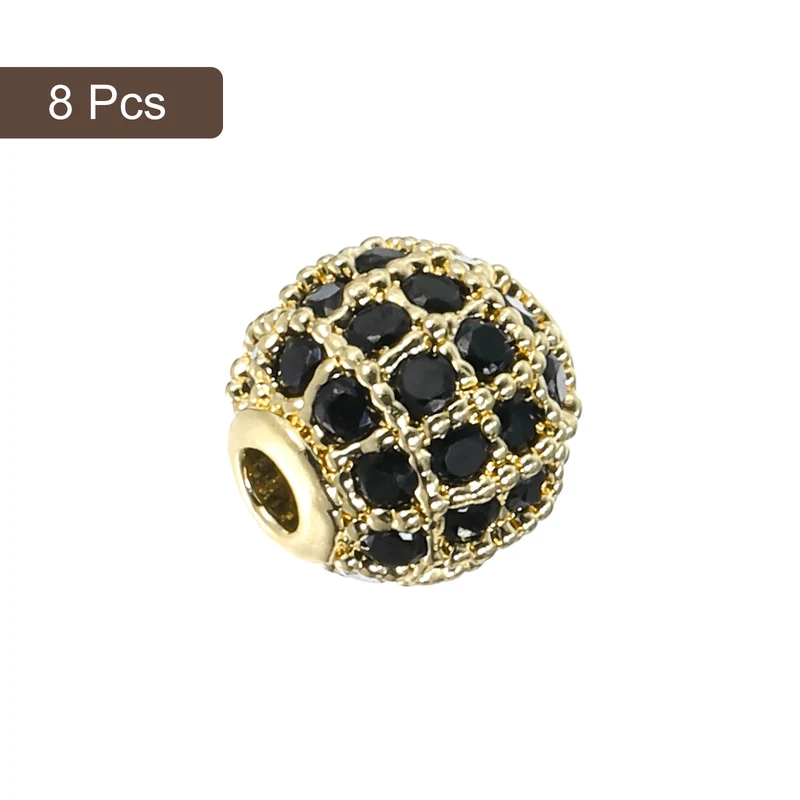 Charm Rhinestone Beads, 8Pcs - 8mm Round Zircon Pave Beads (Black - Gold)