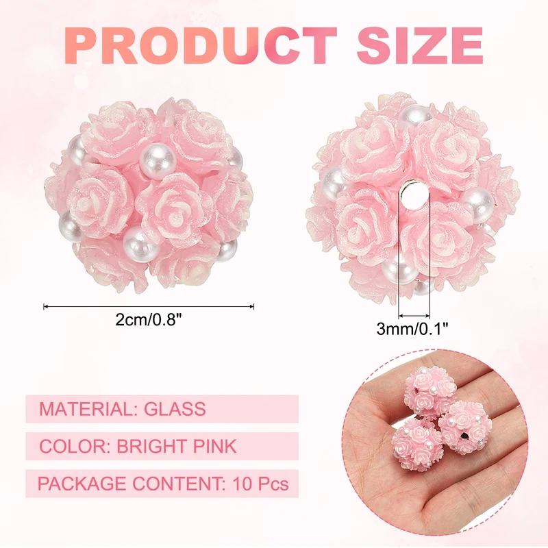 10 Pcs Rhinestone Focal Beads for Pens, 0.8" Glass Flower Beads, Bright Pink
