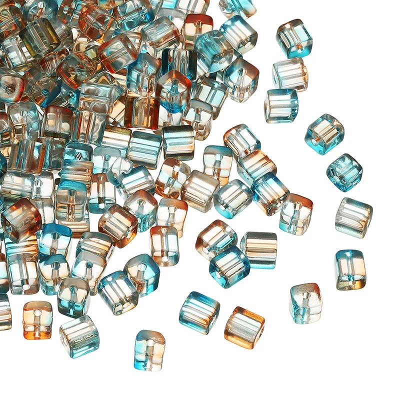 200 Pcs Crystal Cube Beads, 7mm Faceted Square Spacer Beads, Orange Blue