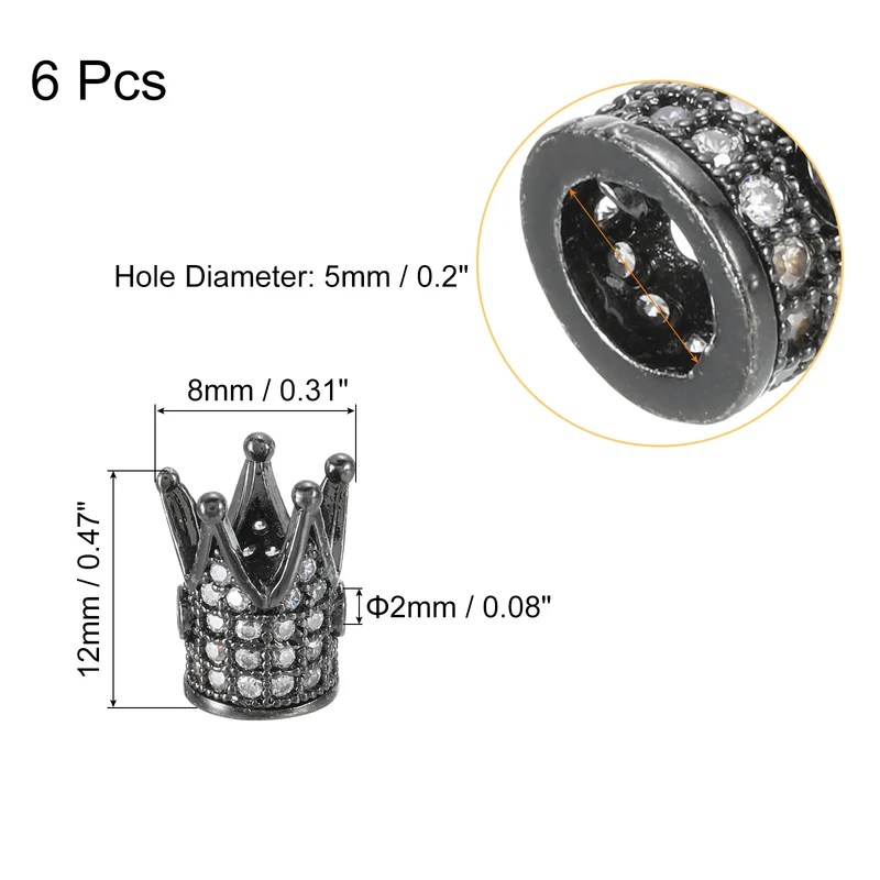 Crown Charm Spacer Beads, 6Pcs 8x12mm Zircon Pave Beads (Metallic Black)