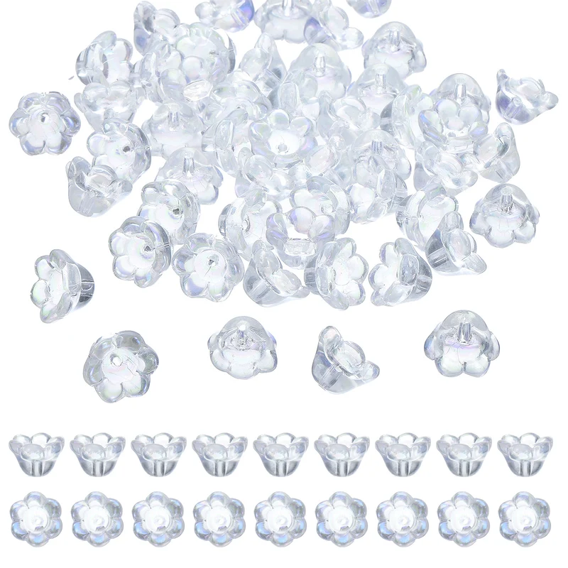 100Pcs Glass Flower Beads for Jewelry Making Loose Bead Charm Iridescent White