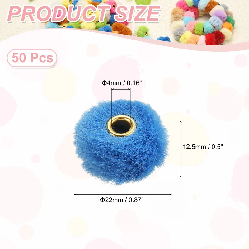 50Pcs Pom Pom Beads, Faux Fur Fuzzy Spacers Bead with 4mm Hole, Blue