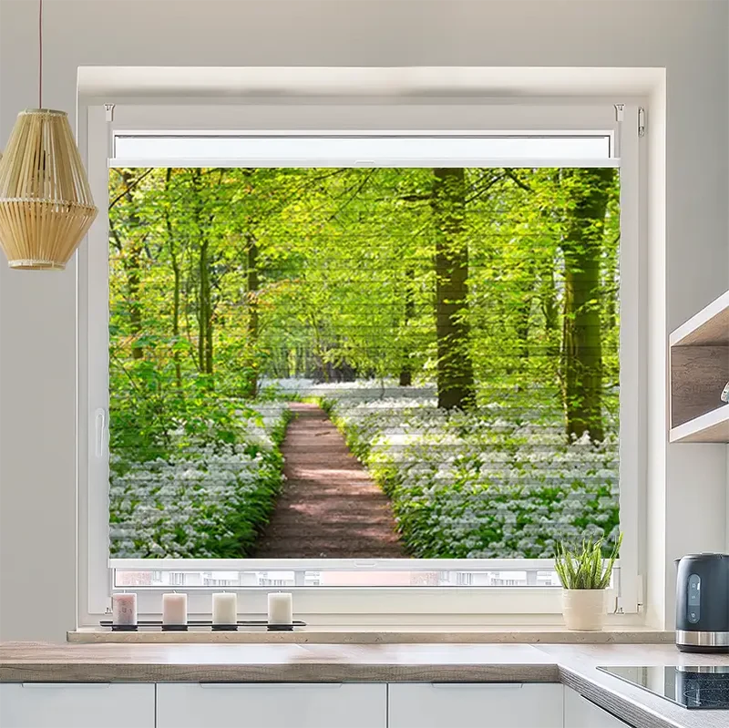 Plissee Motiv "Waldweg mit Blumen"