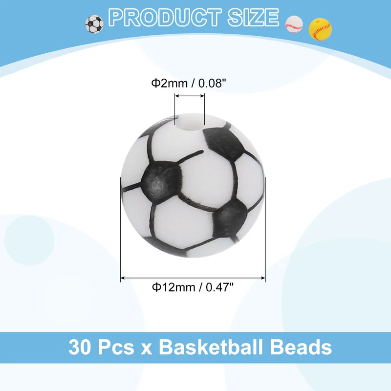30Pcs Sports Ball Beads 12mm Silicone Round Spacer Focal Bead Soccer