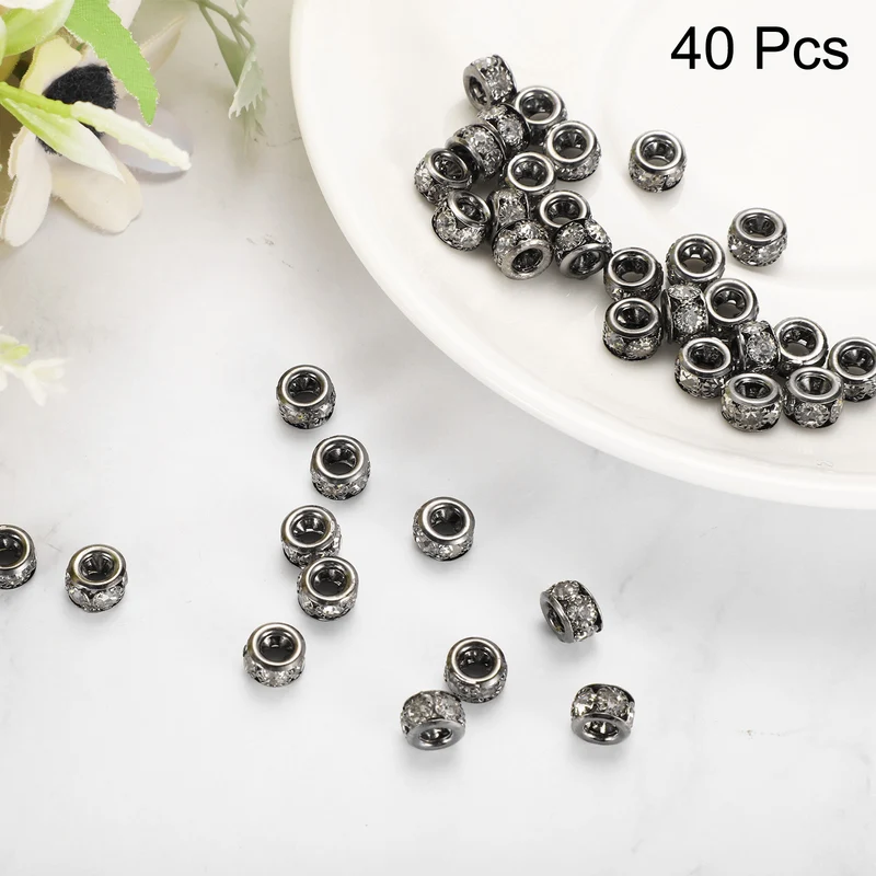 40Pcs 8mm Large Hole Rhinestone Beads European Bulk Spacer Bead Black