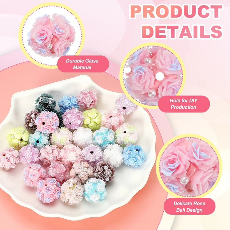 5 Pcs Rhinestone Focal Beads for Pens, 0.8" Glass Flower Beads, Pink