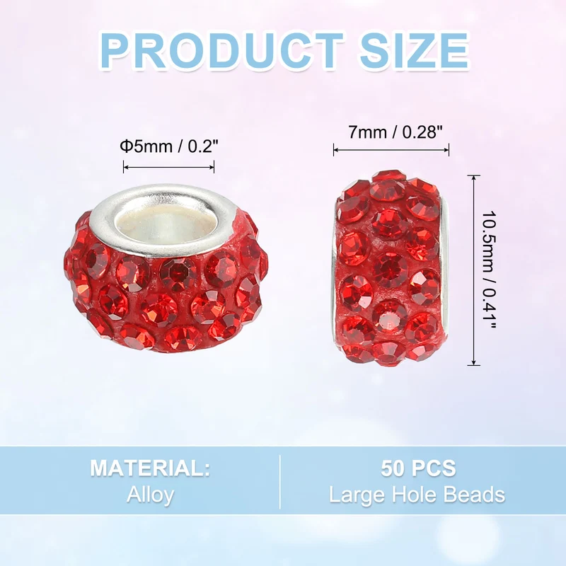 50Pcs European Large Hole Beads Rhinestone Craft Beads Red