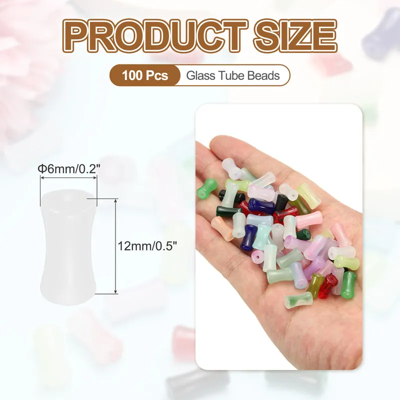 100 Pcs Glass Tube Beads, 6x12mm Bamboo Stick Tube Beads, White