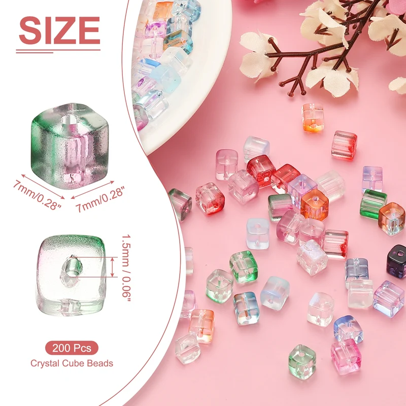 200 Pcs Crystal Cube Beads, 7mm Faceted Square Spacer Beads, Peacock Green