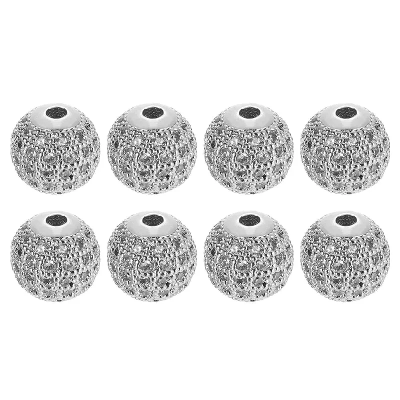 Charm Rhinestone Beads, 8Pcs - 10mm Round Zircon Pave Beads (White - White Gold)