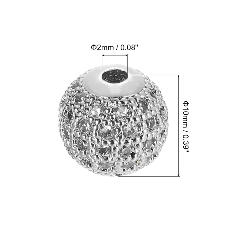 Charm Rhinestone Beads, 8Pcs - 10mm Round Zircon Pave Beads (White - White Gold)
