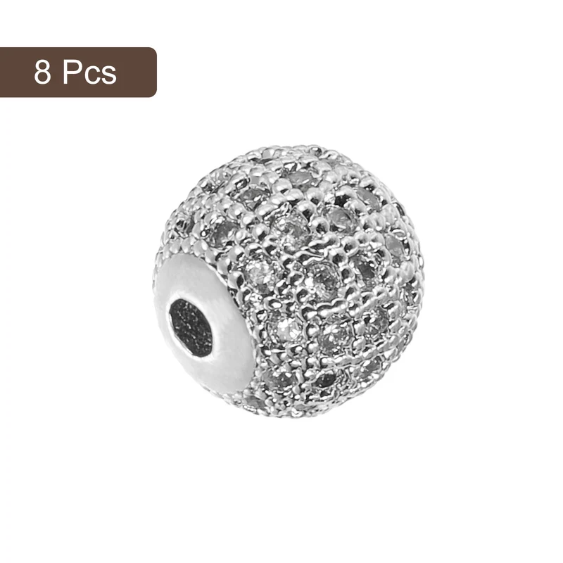Charm Rhinestone Beads, 8Pcs - 10mm Round Zircon Pave Beads (White - White Gold)