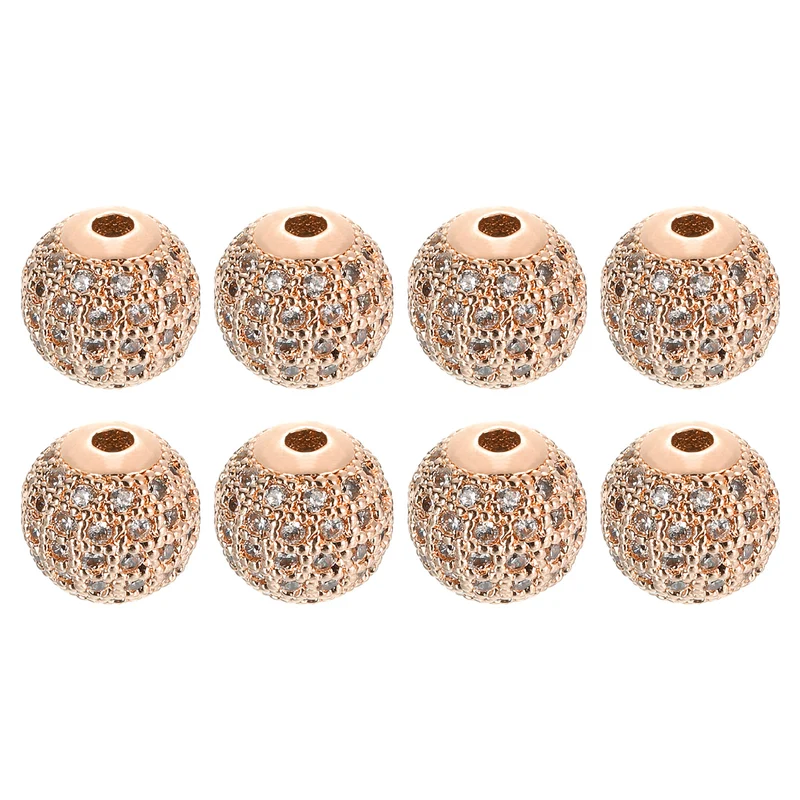 Charm Rhinestone Beads, 8Pcs - 10mm Round Zircon Pave Beads (White - Rose Gold)