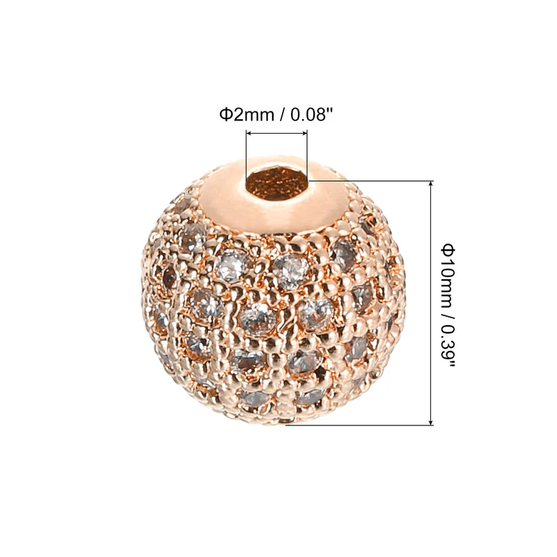 Charm Rhinestone Beads, 8Pcs - 10mm Round Zircon Pave Beads (White - Rose Gold)