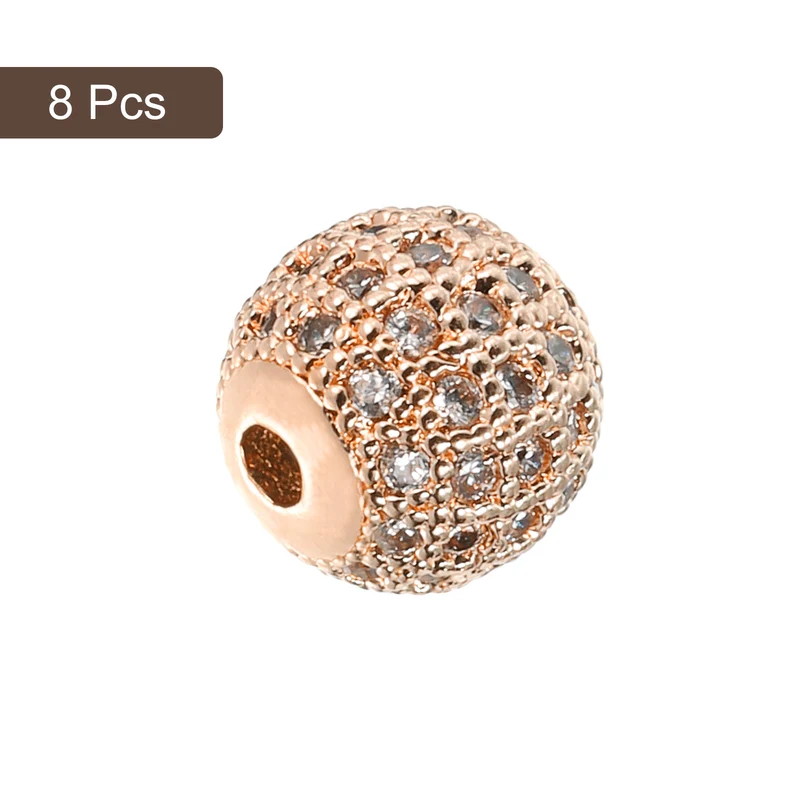Charm Rhinestone Beads, 8Pcs - 10mm Round Zircon Pave Beads (White - Rose Gold)