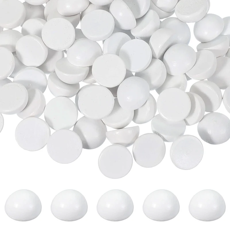 100Pcs Half Wooden Beads 0.6 Inch(15mm) Unfinished Wood Balls White