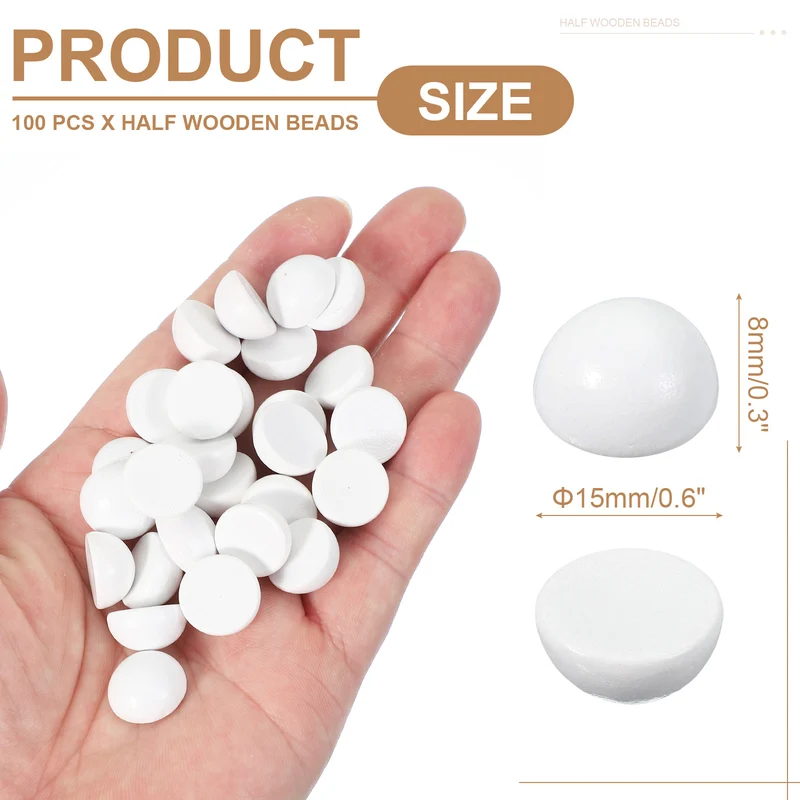 100Pcs Half Wooden Beads 0.6 Inch(15mm) Unfinished Wood Balls White
