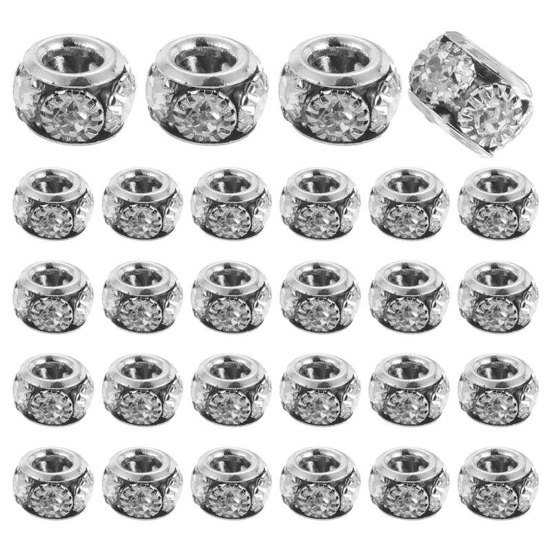 40 Pcs 8mm Large Hole Rhinestone Beads, European Bulk Spacer Bead (Silver)