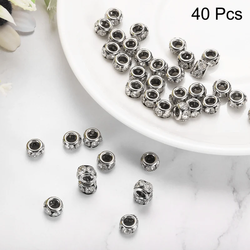 40 Pcs 8mm Large Hole Rhinestone Beads, European Bulk Spacer Bead (Silver)
